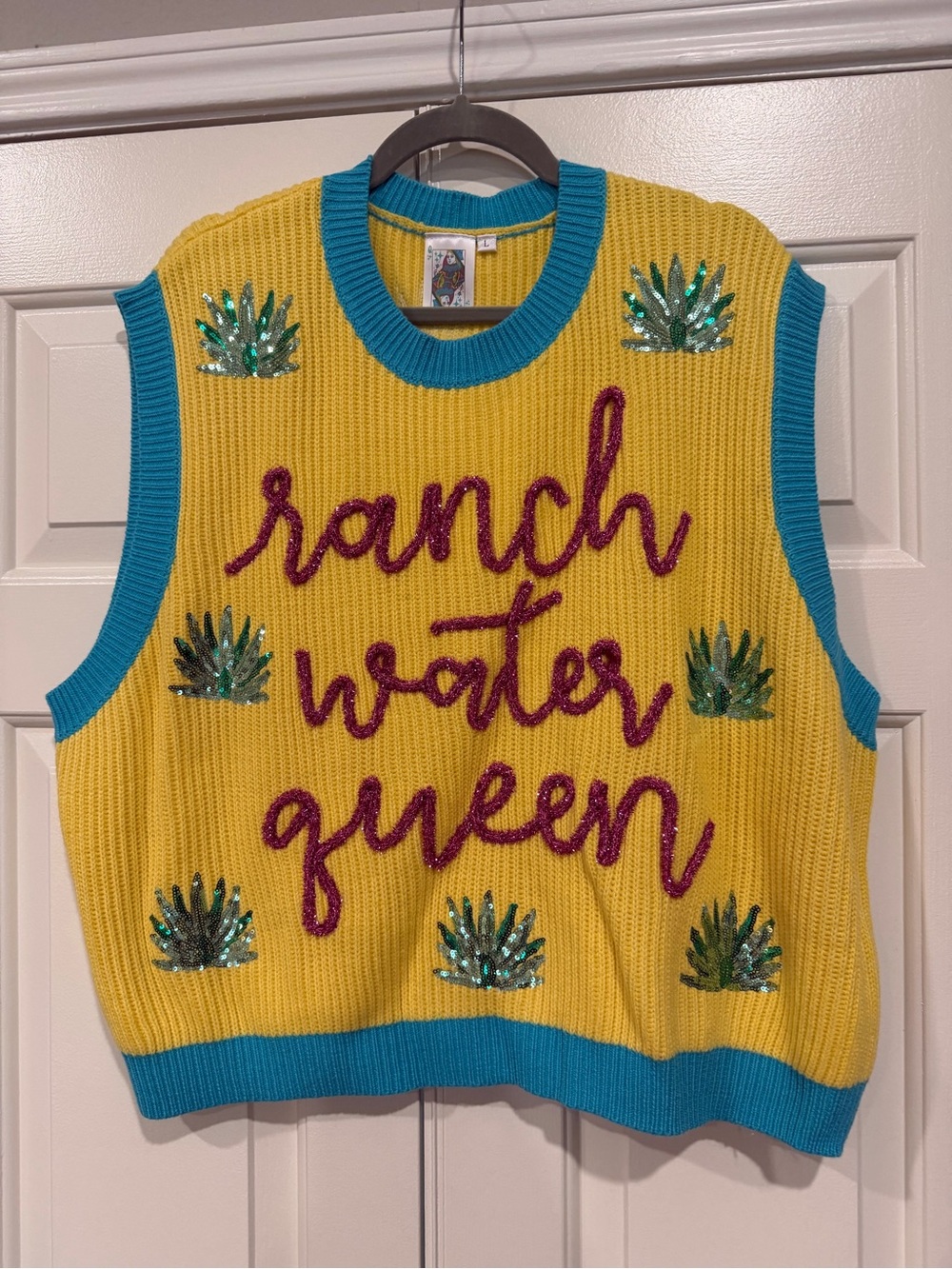 Queen of Sparkles - Yellow Knit Vest with Turquoise Trim and Magenta Script
